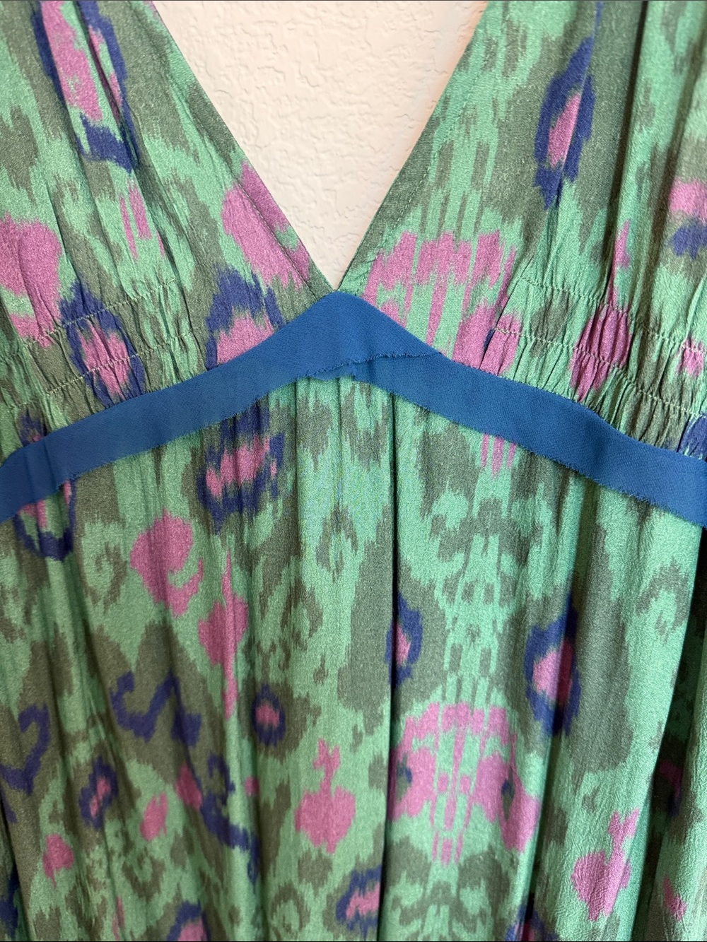 Anthropologie Green Patterned V-Neck Maxi Dress with Blue Trim - Picture 3 of 10